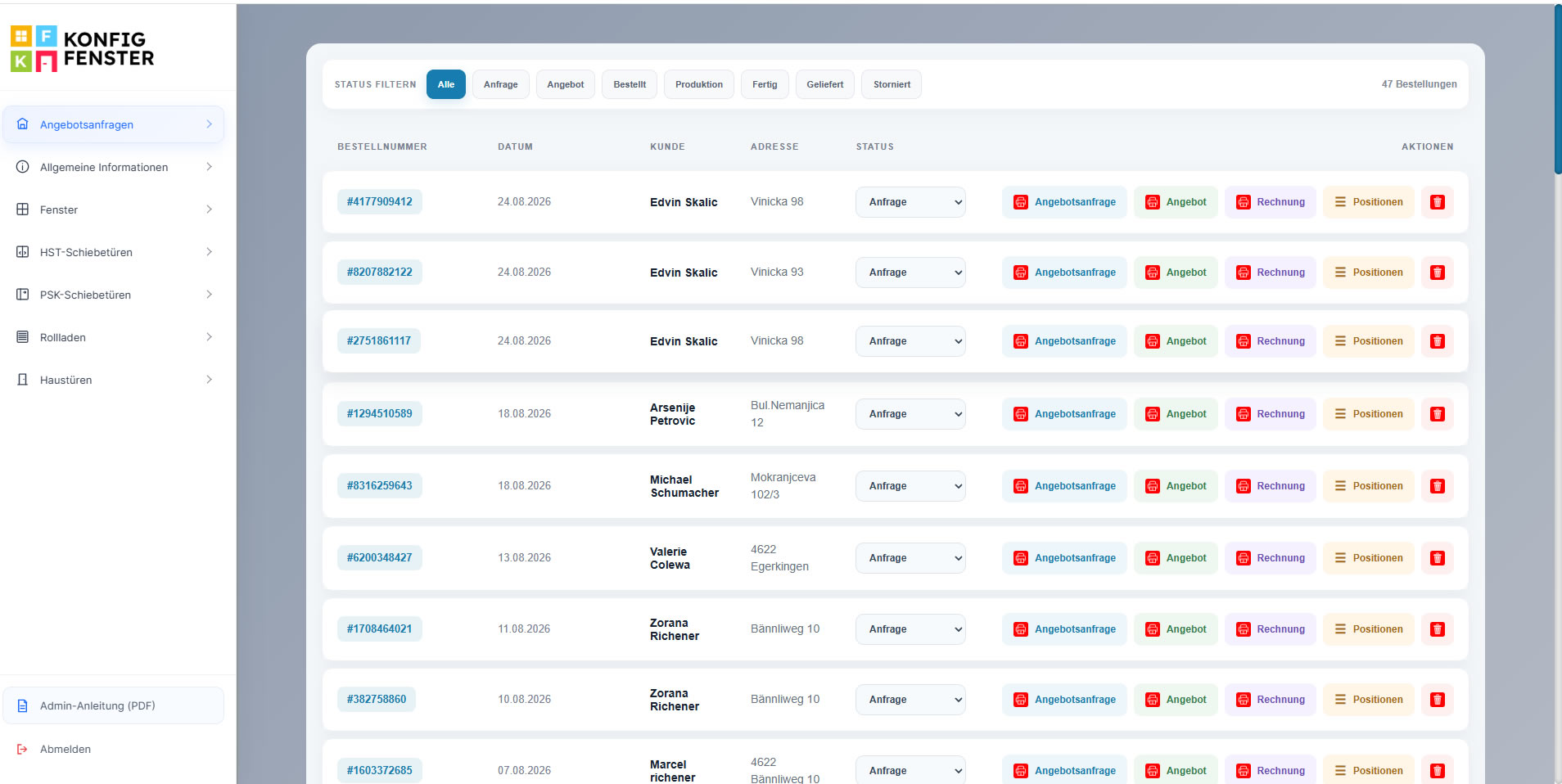 Dealer CRM enquiries quotations and order status overview
