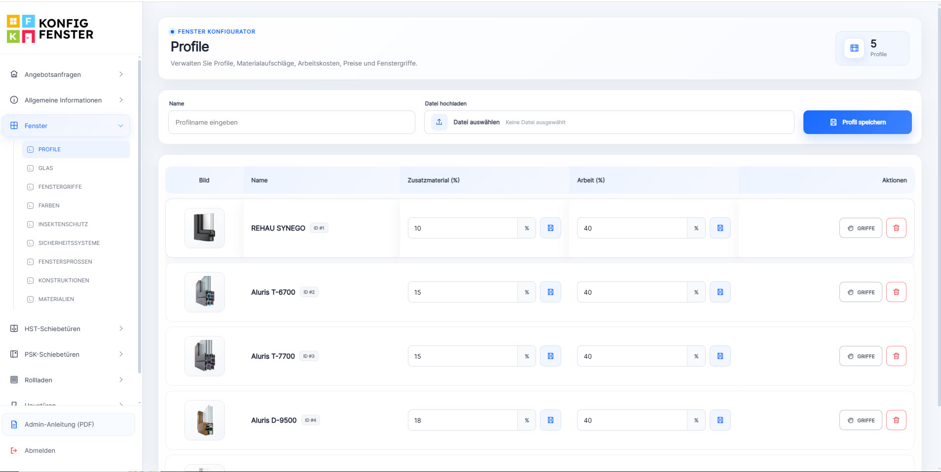 CRM window profile management with material and labour percentages