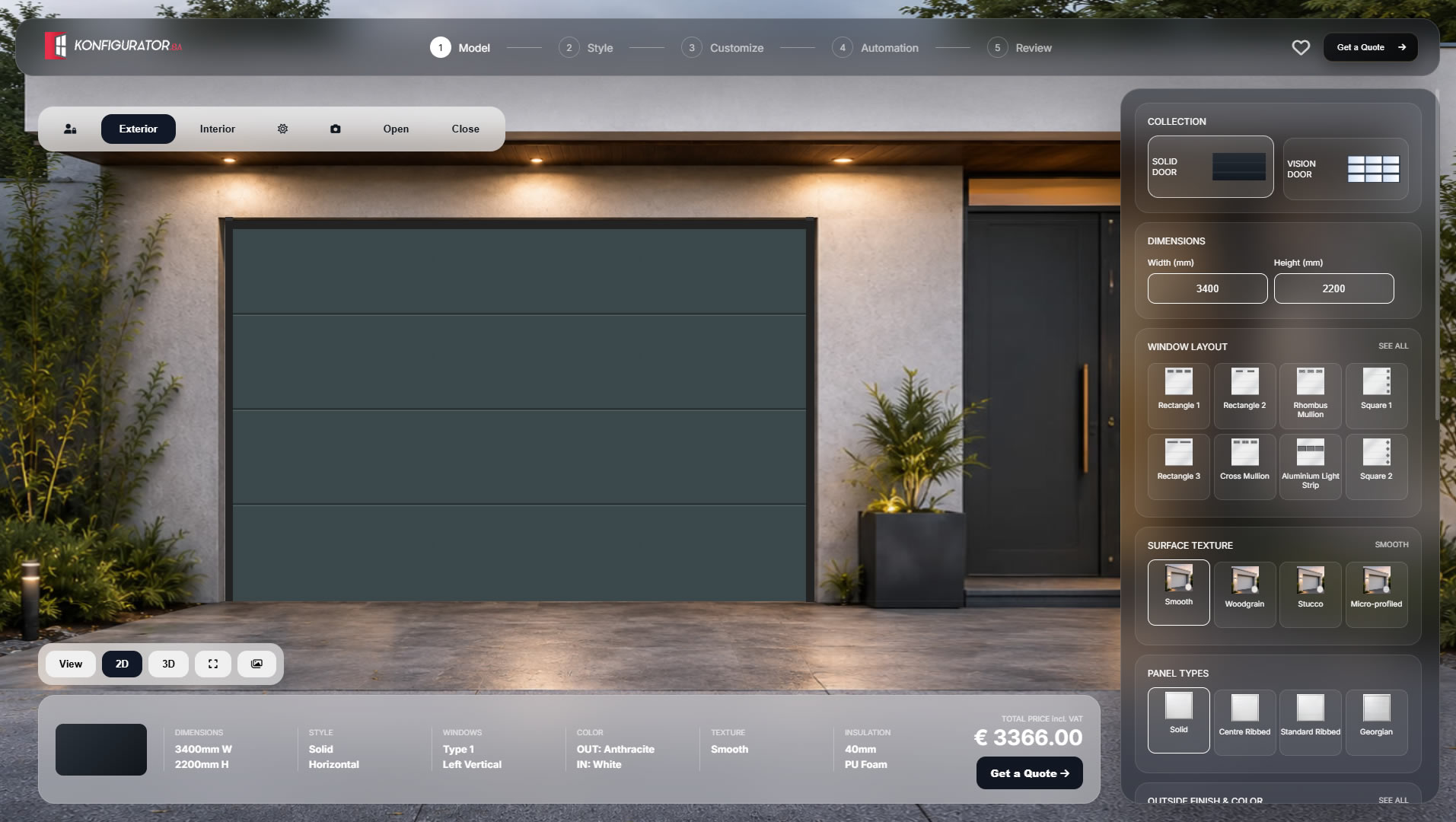 Garage door configurator main product view