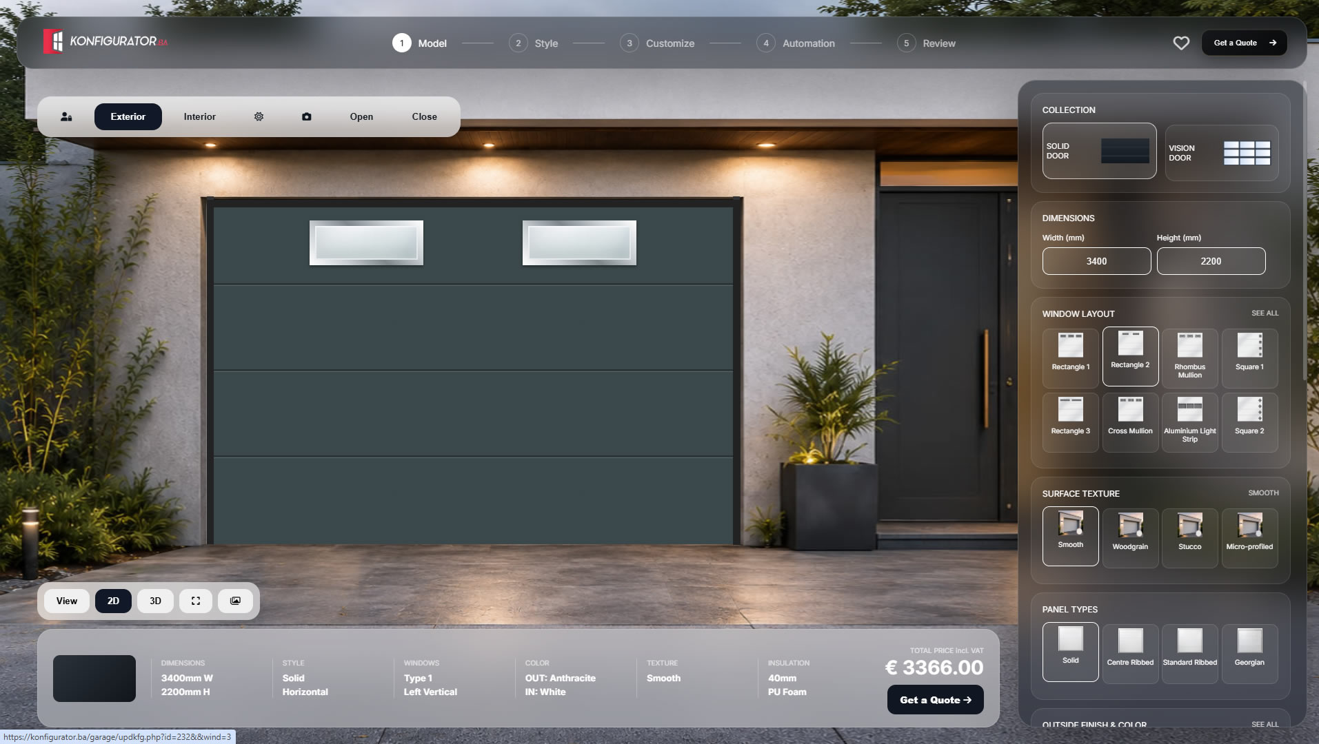 Garage door configurator solid sectional door