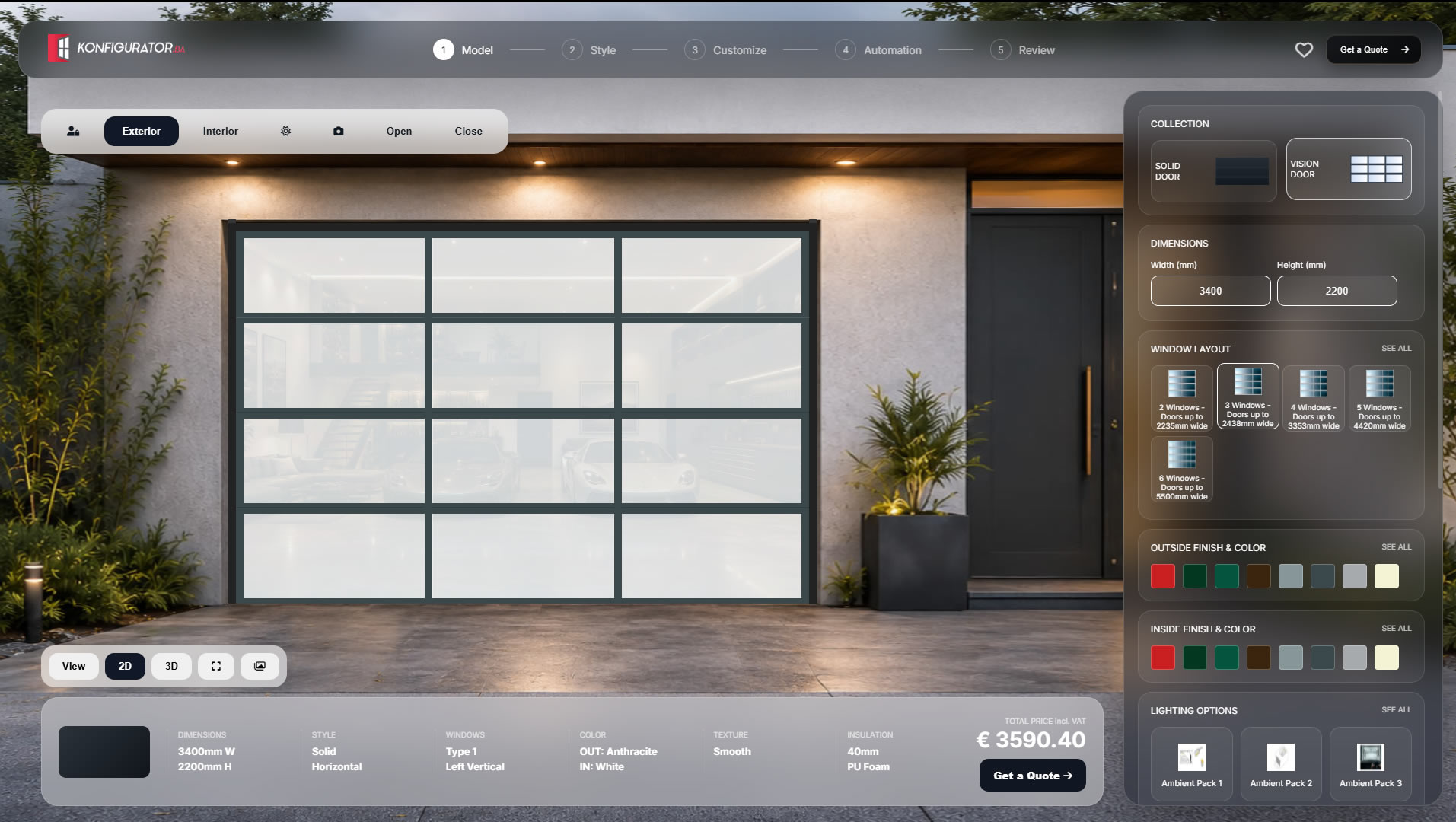 Vision garage door configurator with glazing layouts