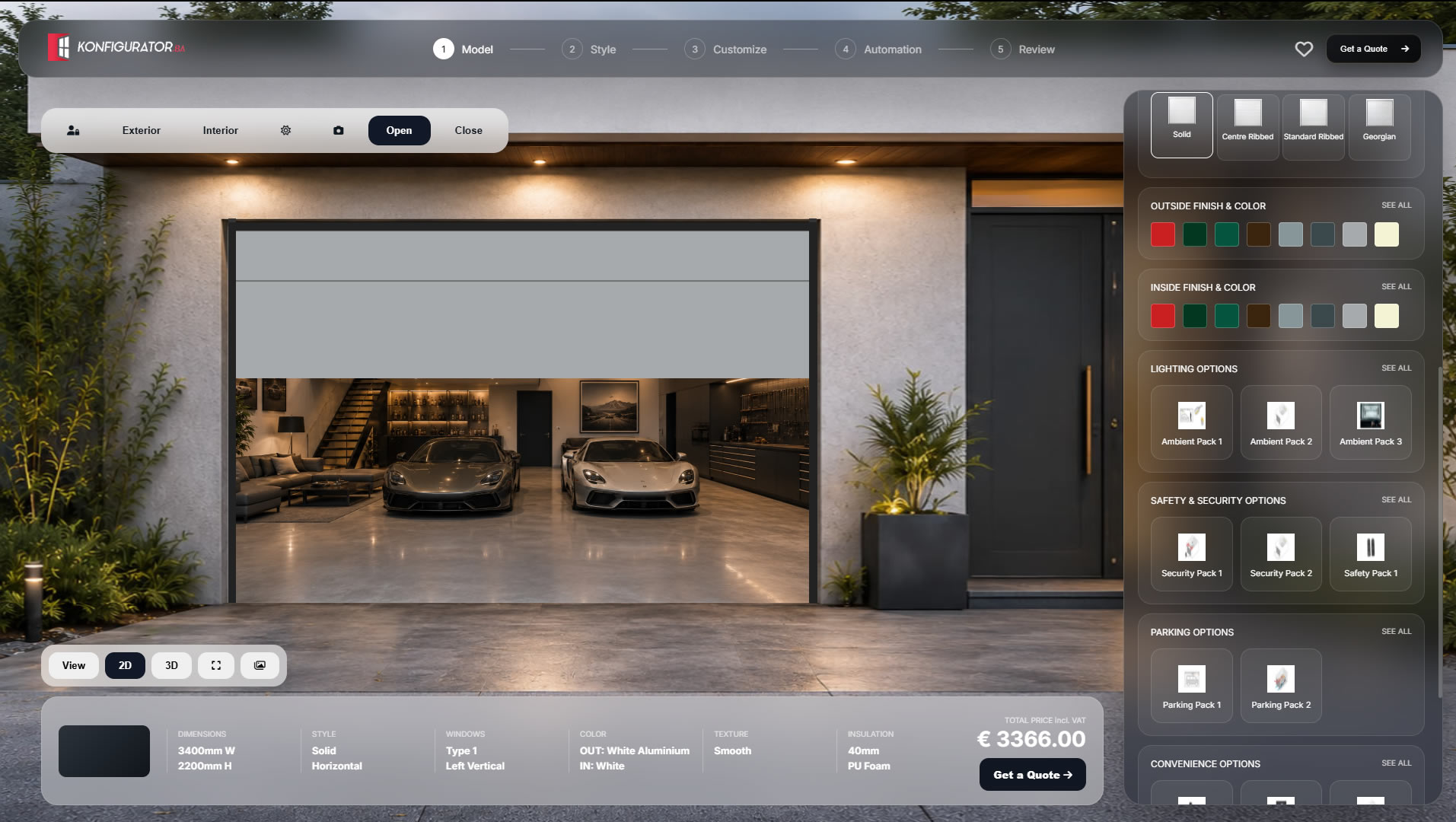 Garage door open preview with safety and automation options