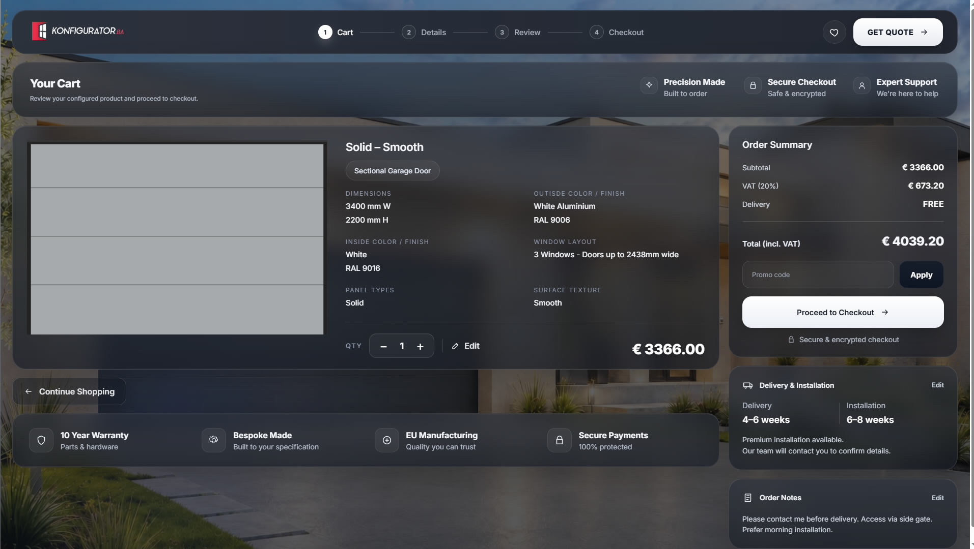 Garage door configurator shopping cart