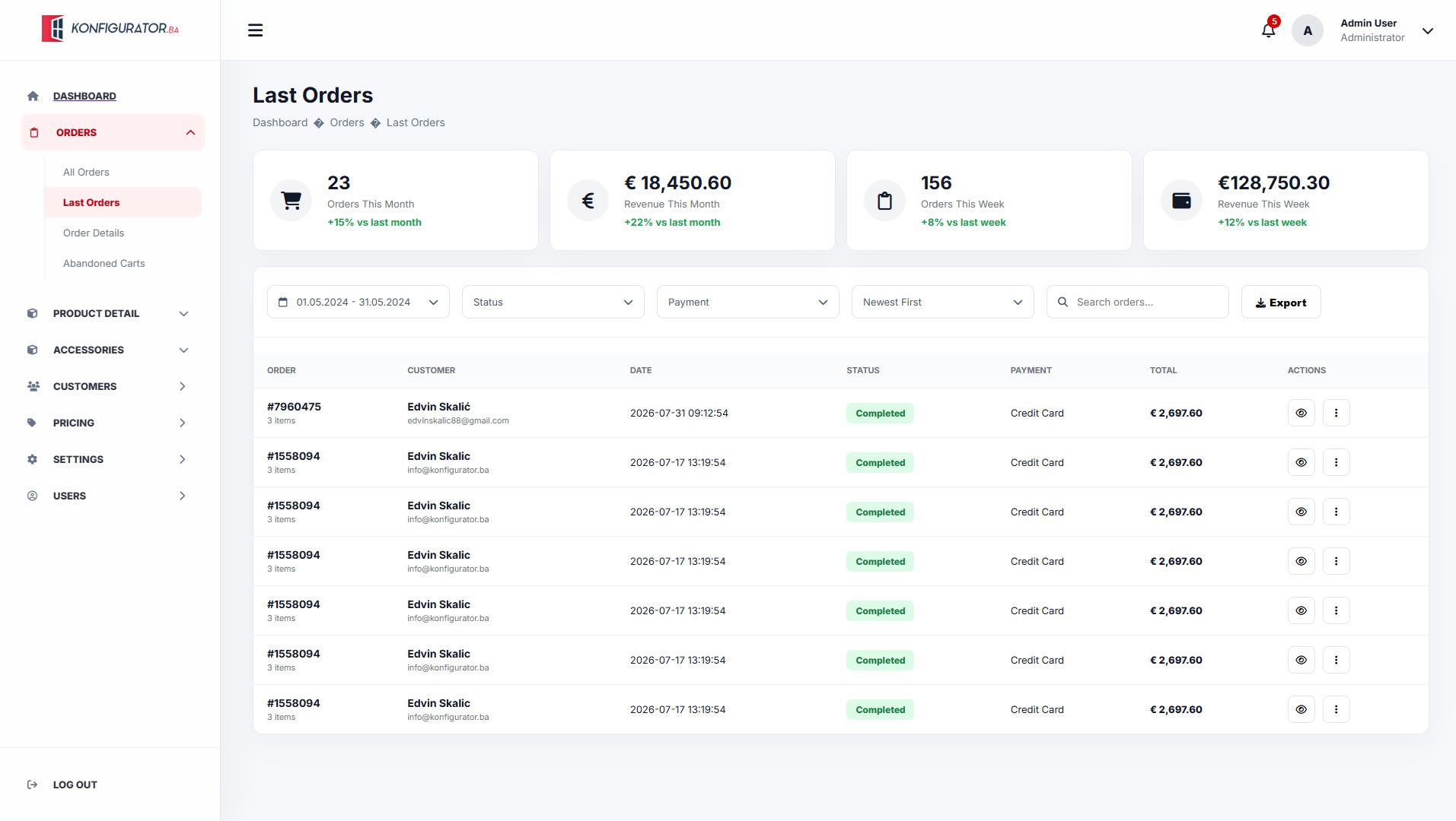 Garage door configurator admin order management