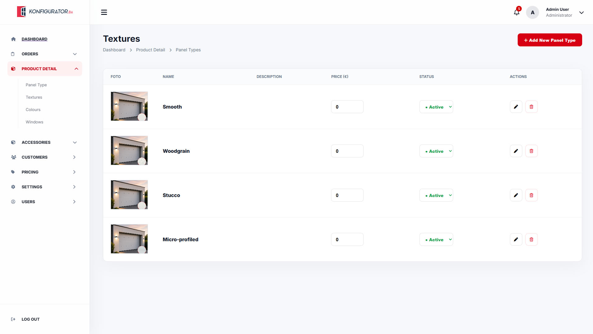 Garage door configurator texture and pricing administration
