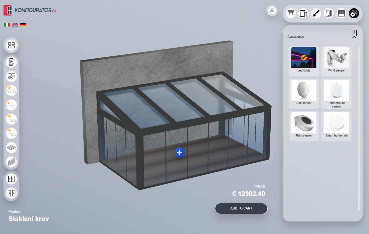 Glass roof pergola configurator