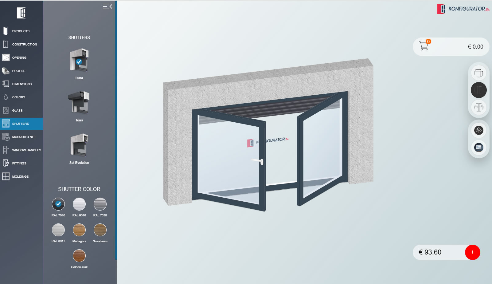 3D window configurator with opening and shutters
