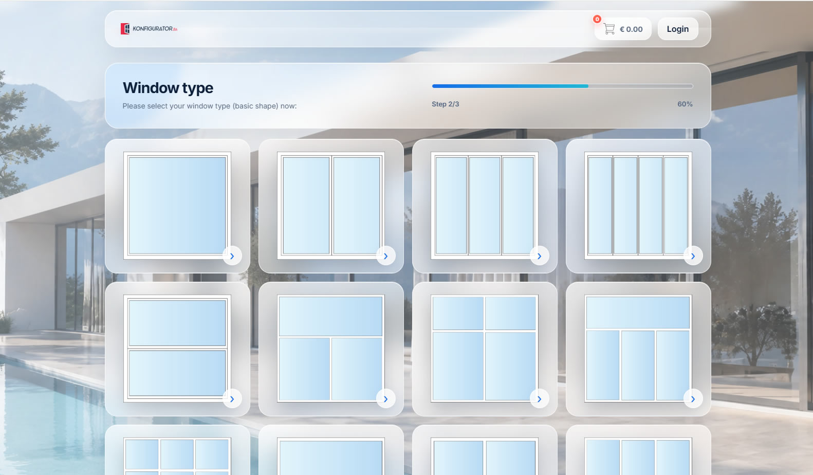 Window type selection in online configurator